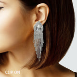 105203, TEARDROP ACCENT CRYSTAL RHINESTONE FRINGE DROP CLIP ON EARRING