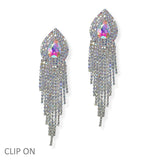 105203, TEARDROP ACCENT CRYSTAL RHINESTONE FRINGE DROP CLIP ON EARRING