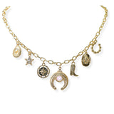 105214, WESTERN-THEMED CHARM NECKLACE WITH STAR, BOOT, COWBOY HAT, HORSESHOE, AND SQUASH BLOSSOM PENDANTS
