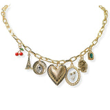 105215, MULTI-PENDANT CHARM NECKLACE WITH HEART, EIFFEL TOWER, CHERRY, AND TULIP CHARMS