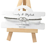 105223, DOUBLE RING PAVE CRYSTAL RHINESTONE ACCENT STAINLESS STEEL BEADED STRETCH BRACELET