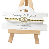 105223, DOUBLE RING PAVE CRYSTAL RHINESTONE ACCENT STAINLESS STEEL BEADED STRETCH BRACELET