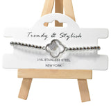 105224, CLOVER PAVE CRYSTAL RHINESTONE ACCENT STAINLESS STEEL BEADED STRETCH BRACELET