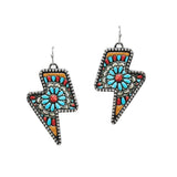105256, WESTERN CONCHO PRINT LIGHTNING BOLT FAUX LEATHER DANGLE EARRING