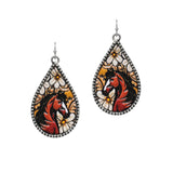 105257, WESTERN HORSE PRINT TEARDROP FAUX LEATHER DANGLE EARRING