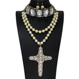 105300, BIG RHINESTONE CROSS CHARM WITH PEARL STRAND LEOPARD CHOKER NECKLACE