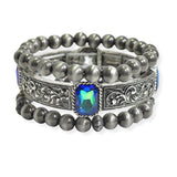 105324, WESTERN THEMED ENGRAVED ACCENT WITH RHINESTONE MULTI LAYERED BEAD STRETCH BRACELET