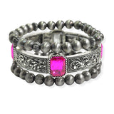 105324, WESTERN THEMED ENGRAVED ACCENT WITH RHINESTONE MULTI LAYERED BEAD STRETCH BRACELET