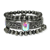 105324, WESTERN THEMED ENGRAVED ACCENT WITH RHINESTONE MULTI LAYERED BEAD STRETCH BRACELET