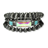 105325, WESTERN RECTANGLE RHINESTONE, TURQUOISE STONE WITH NAVAJO BEAD MULTI LAYERED STRETCH BRACELET
