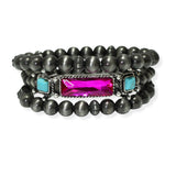105325, WESTERN RECTANGLE RHINESTONE, TURQUOISE STONE WITH NAVAJO BEAD MULTI LAYERED STRETCH BRACELET