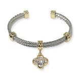 105331, 14K GOLD PLATED, CLOVER CUBIC ZIRCONIA CHARM DESIGNER INSPIRED CUFF BRACELET