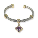 105331, 14K GOLD PLATED, CLOVER CUBIC ZIRCONIA CHARM DESIGNER INSPIRED CUFF BRACELET