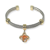 105331, 14K GOLD PLATED, CLOVER CUBIC ZIRCONIA CHARM DESIGNER INSPIRED CUFF BRACELET