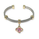 105331, 14K GOLD PLATED, CLOVER CUBIC ZIRCONIA CHARM DESIGNER INSPIRED CUFF BRACELET