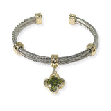 105331, 14K GOLD PLATED, CLOVER CUBIC ZIRCONIA CHARM DESIGNER INSPIRED CUFF BRACELET