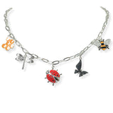 105347, GARDEN THEMED LADYBUGS, DRAGONFLY, BEE AND BUTTERFLY ENAMEL MULTI CHARM NECKLACE
