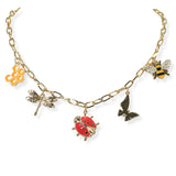 105347, GARDEN THEMED LADYBUGS, DRAGONFLY, BEE AND BUTTERFLY ENAMEL MULTI CHARM NECKLACE