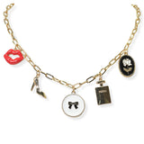 105348, WOMEN ESSENTIALS PERFUME, HEELS, RIBBON BOW AND LIPS ENAMEL MULTI CHARM NECKLACE