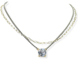 105350, 14K GOLD PLATED, GEOMETRIC CUBIC ZIRCONIA ACCENT DOUBLE LAYERED DESIGNER INSPIRED NECKLACE
