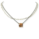 105350, 14K GOLD PLATED, GEOMETRIC CUBIC ZIRCONIA ACCENT DOUBLE LAYERED DESIGNER INSPIRED NECKLACE