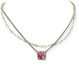 105350, 14K GOLD PLATED, GEOMETRIC CUBIC ZIRCONIA ACCENT DOUBLE LAYERED DESIGNER INSPIRED NECKLACE