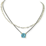 105350, 14K GOLD PLATED, GEOMETRIC CUBIC ZIRCONIA ACCENT DOUBLE LAYERED DESIGNER INSPIRED NECKLACE