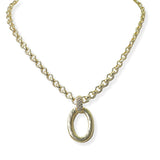 105351, 14K GOLD PLATED, BRUSHED TEXTURE OVAL WITH PAVE CUBIC ZIRCONIA ACCENT DESIGNER INSPIRED PENDANT NECKLACE