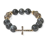 105373, HAMMERED CROSS ACCENT SEMI PRECIOUS STONE BEADED STRETCH BRACELET