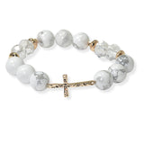 105373, HAMMERED CROSS ACCENT SEMI PRECIOUS STONE BEADED STRETCH BRACELET