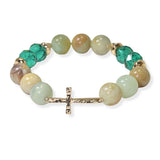 105373, HAMMERED CROSS ACCENT SEMI PRECIOUS STONE BEADED STRETCH BRACELET