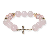 105373, HAMMERED CROSS ACCENT SEMI PRECIOUS STONE BEADED STRETCH BRACELET