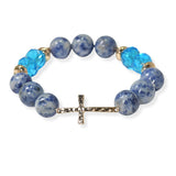 105373, HAMMERED CROSS ACCENT SEMI PRECIOUS STONE BEADED STRETCH BRACELET