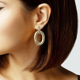 105377, 14K GOLD PLATED, BRUSHED TEXTURE OVAL WITH PAVE CUBIC ZIRCONIA ACCENT DESIGNER INSPIRED EARRING