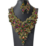 105385, FLOWER THEMED TEARDROP ACCENT CRYSTAL RHINESTONE EVENING NECKLACE SET