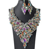 105385, FLOWER THEMED TEARDROP ACCENT CRYSTAL RHINESTONE EVENING NECKLACE SET