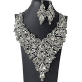 105385, FLOWER THEMED TEARDROP ACCENT CRYSTAL RHINESTONE EVENING NECKLACE SET