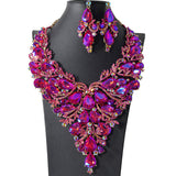 105385, FLOWER THEMED TEARDROP ACCENT CRYSTAL RHINESTONE EVENING NECKLACE SET