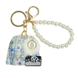 105552, SEQUIN ACCENT TWEED SWEATER WITH NUMBER 5, PURSE AND PEARL KEYCHAIN