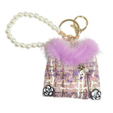 105553, NUMBER 5, FLOWER ACCENT TWEED FUR SWEATER WITH PEARL KEYCHAIN