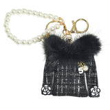 105553, NUMBER 5, FLOWER ACCENT TWEED FUR SWEATER WITH PEARL KEYCHAIN