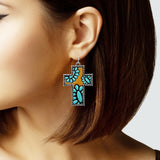 105570, WESTERN CONCHO EMBOSSED CROSS FAUX LEATHER DANGLE EARRING
