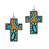 105570, WESTERN CONCHO EMBOSSED CROSS FAUX LEATHER DANGLE EARRING