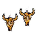 105571, WESTERN STEER HEAD EMBOSSED FAUX LEATHER DANGLE EARRING