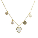 105601, HEART, FLOWER AND FRESHWATER PEARL MULTI CHARM NECKLACE