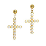105667, CROSS PEARL ACCENT STAINLESS STEEL DANGLE EARRING