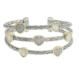 105689, 14K GOLD PLATED, MULTI HEART MOTHER OF PEARL, PAVE CUBIC ZIRCONIA ACCENT DESIGNER INSPIRED CABLE CUFF BRACELET