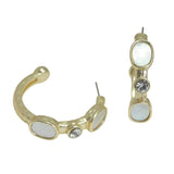 105702, 14K GOLD PLATED, GEOMETRIC ACCENT WITH RHINESTONE HAMMERED DESIGNER INSPIRED HOOP EARRING