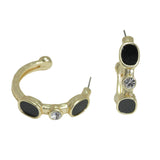 105702, 14K GOLD PLATED, GEOMETRIC ACCENT WITH RHINESTONE HAMMERED DESIGNER INSPIRED HOOP EARRING
