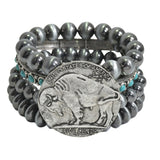 105729SILVER BURNISHED/TURQUOISE WESTERN BUFFALO ENGRAVED COIN WITH NAVAJO BEADED STRETCH BRACELET
